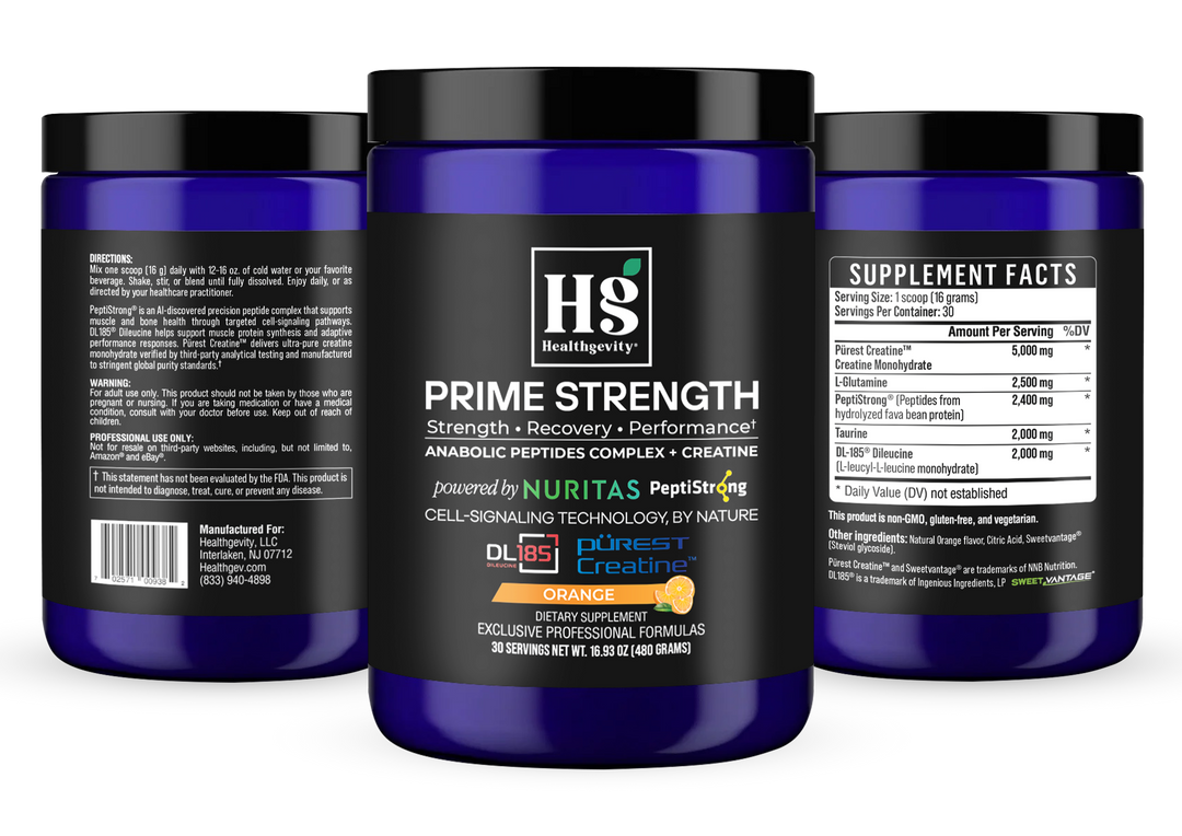Healthgevity Prime Strength Supplement Orange Ingredients and Suggested Use