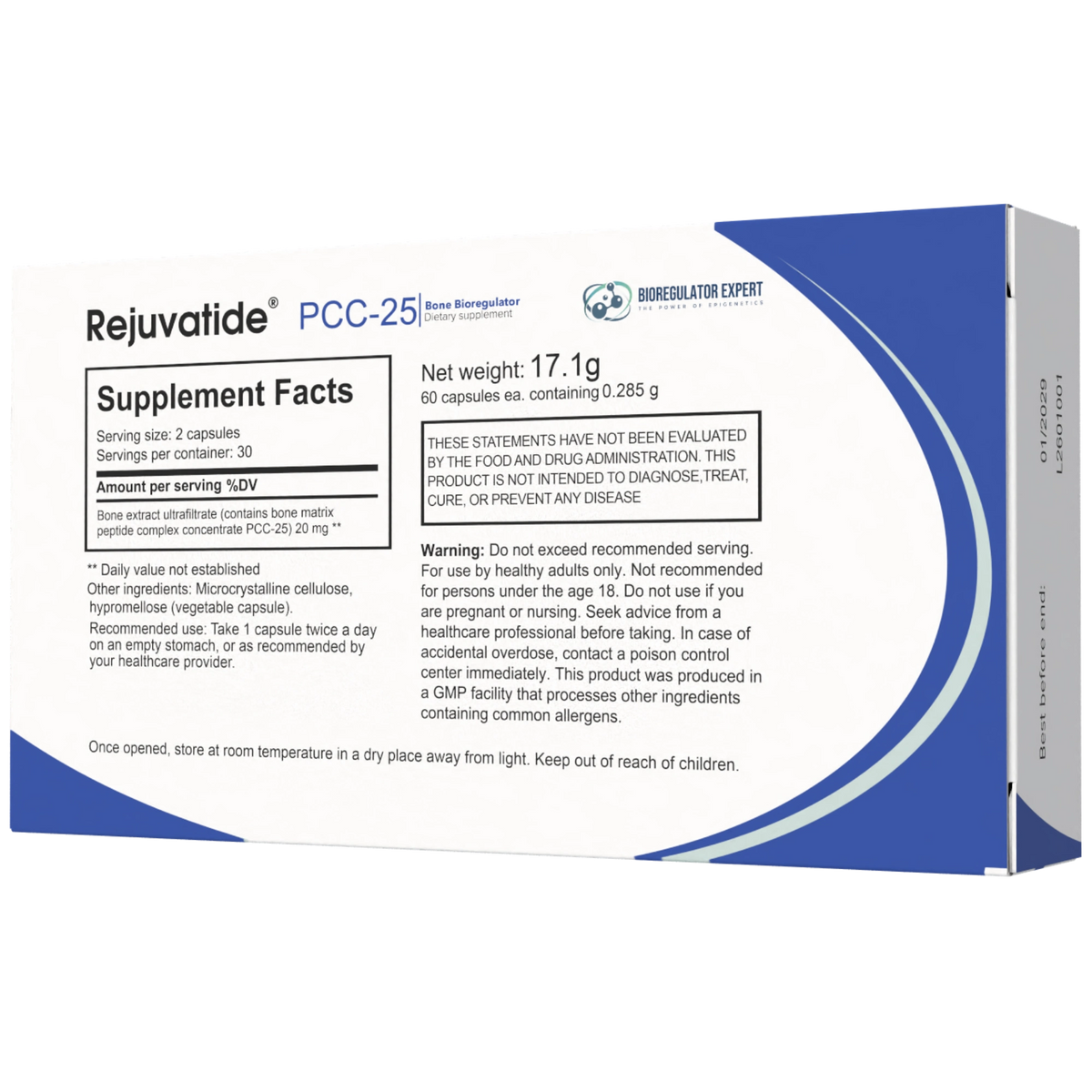 Rejuvatide PCC-25 Bone Bioregulator facts panel