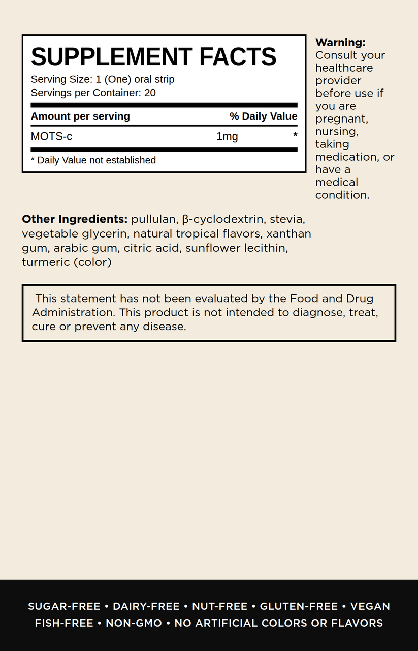 InstaMed Boost Mots-C ingredients and supplement facts panel with disclaimer and warnings.