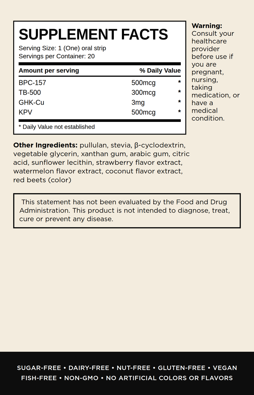 Instamed Klow ingredients. A supplement facts label card for an oral strip product, showing serving size, daily value percentages, ingredients list, and usage/warning text on a beige background with a black footer.
