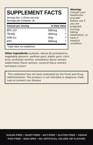 Instamed Klow ingredients. A supplement facts label card for an oral strip product, showing serving size, daily value percentages, ingredients list, and usage/warning text on a beige background with a black footer.