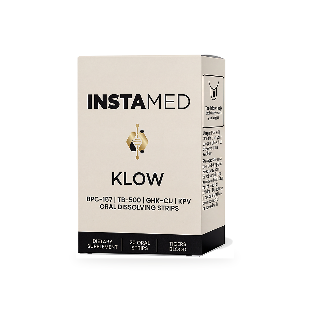 Instamed Klow oral dissolving strips box, featuring a beige and black packaging design with a gold logo, on a clean white background.