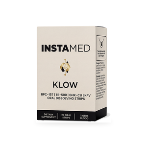 Instamed Klow oral dissolving strips box, featuring a beige and black packaging design with a gold logo, on a clean white background.