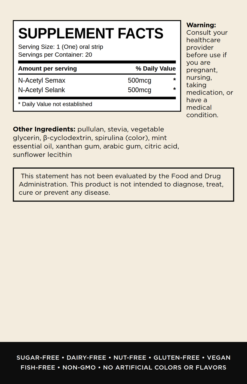 Supplement facts label for N-Acetyl Semax and N-Acetyl Selank oral strips, showing serving size, daily value, warning, other ingredients, and a disclaimer on a beige background with a black footer.