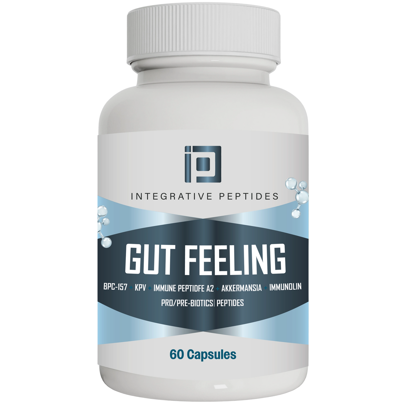 Bottle of Integrative Peptides Gut Feeling supplement on a white background