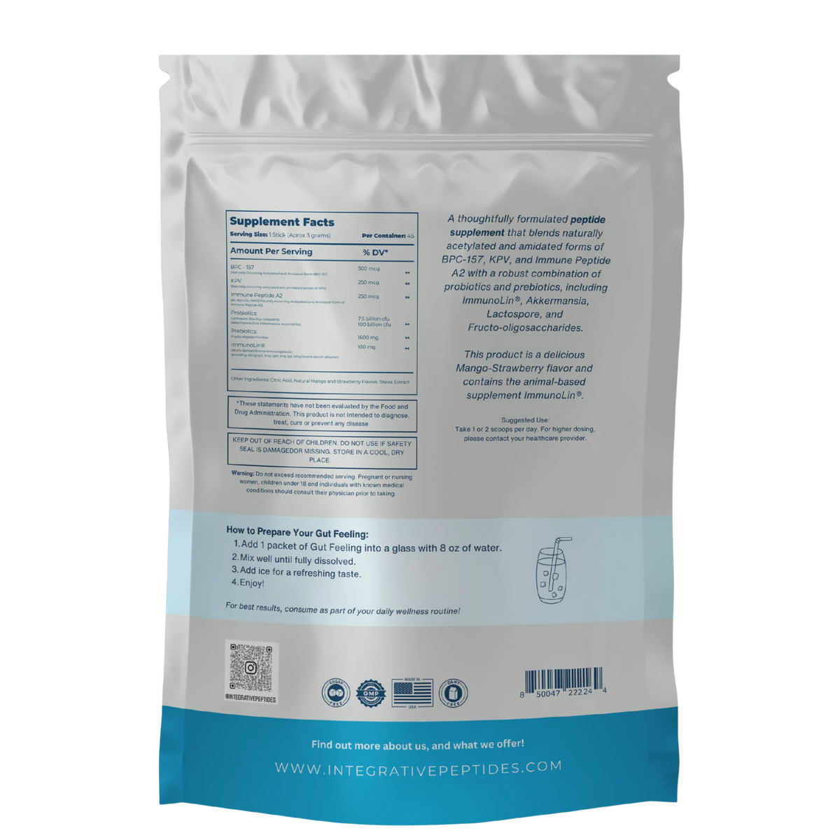 Integrative Peptides Gut Feeling Packets - 45 Servings - Mango Strawberry