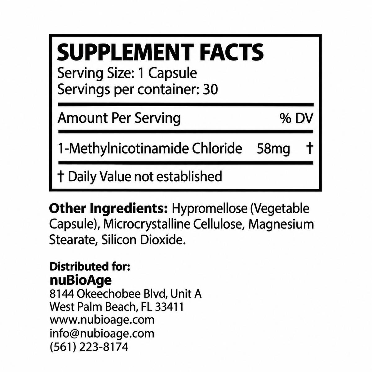 Nubioage-methylnicotinamide chloride supplement facts panel