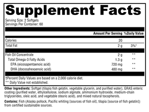 Supplement facts label for a fish oil supplement OmegaPure 600 EC 120 Softgels from Xymogen