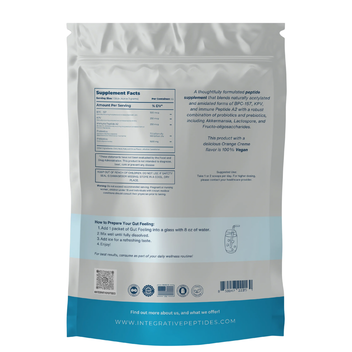 Integrative Peptides Gut Feeling Packets - 45 Servings - Orange Creme