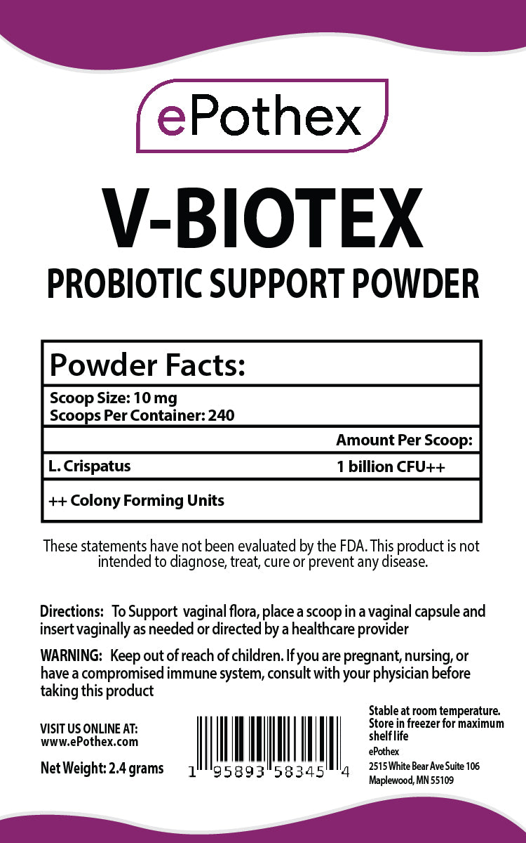 V-Biotex L. Crispatus Probiotic Powder label - ePothex