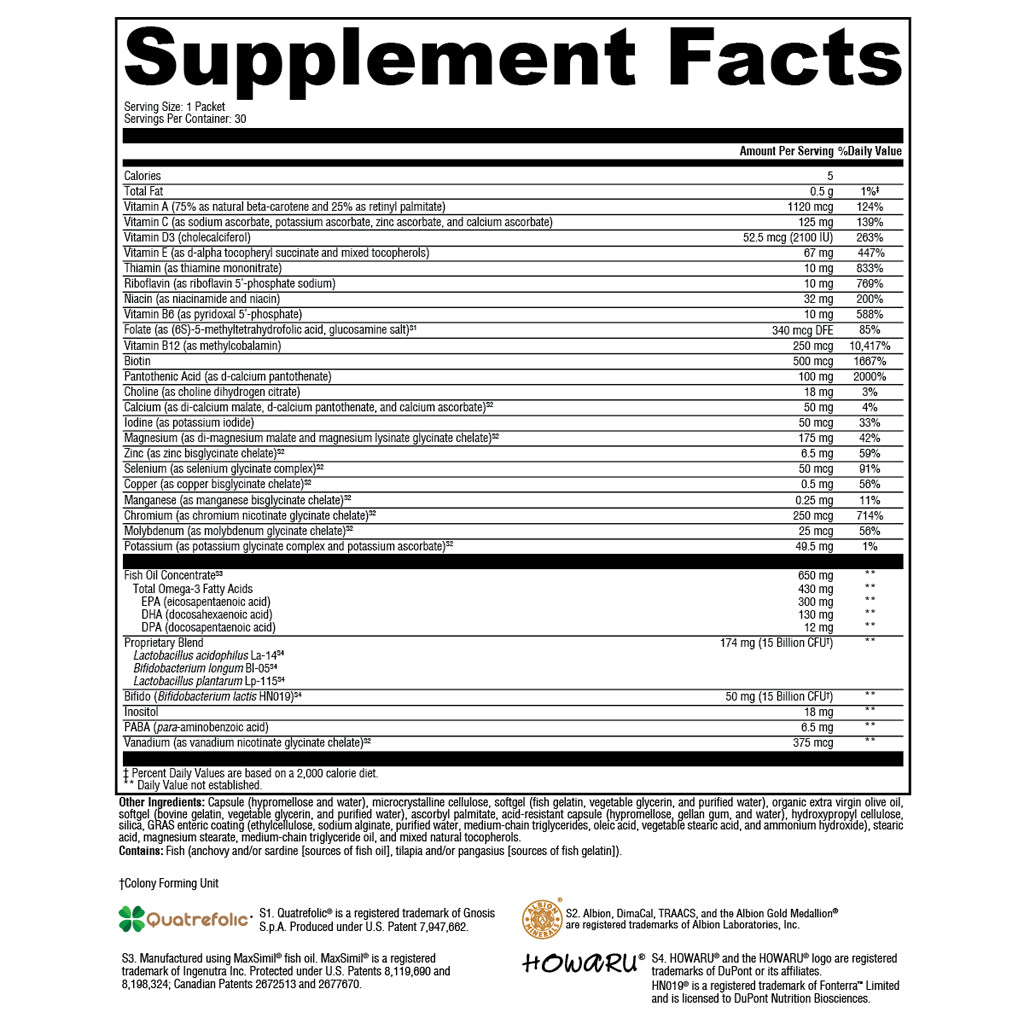 Supplement facts label with detailed Xymogen foundation essentials nutritional information