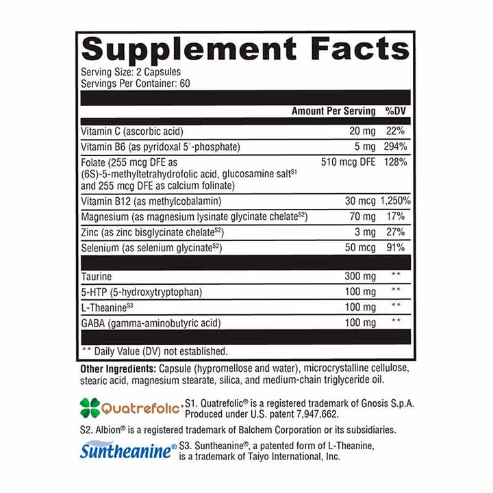 Supplement facts label for Xymogen Mood Food ES - 120 Capsules