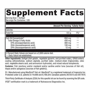 Supplement facts label for a fish oil supplement Xymogen Omega MonoPure 650 EC - 120 Softgels
