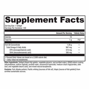 Supplement facts label for Xymogen OmegaPure 900 EC - 120 Softgels 