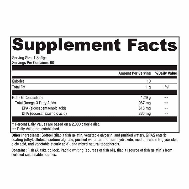 Xymogen OmegaPure 900 EC dietary supplement facts panel - 90 capsules