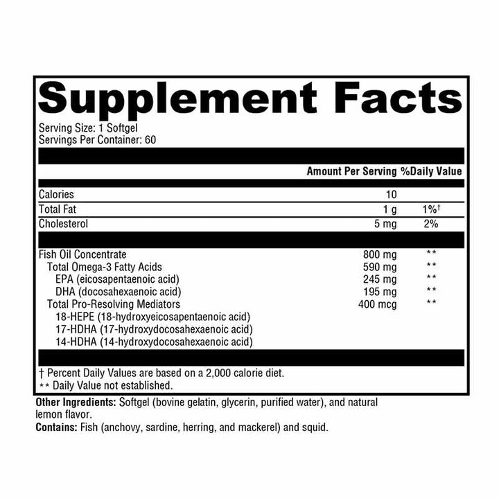 Supplement facts label for Xymogen OmegaPure PRM - 60 Softgels