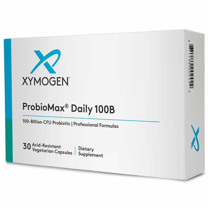 Xymogen ProbioMax Daily 100B dietary supplement box on a white background