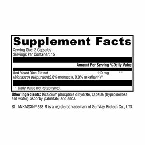 Xymogen Red Yeast Rice - 30 Capsules facts panel