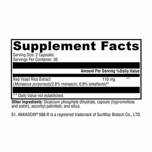 Xymogen Red Yeast Rice - 60 Capsules facts panel