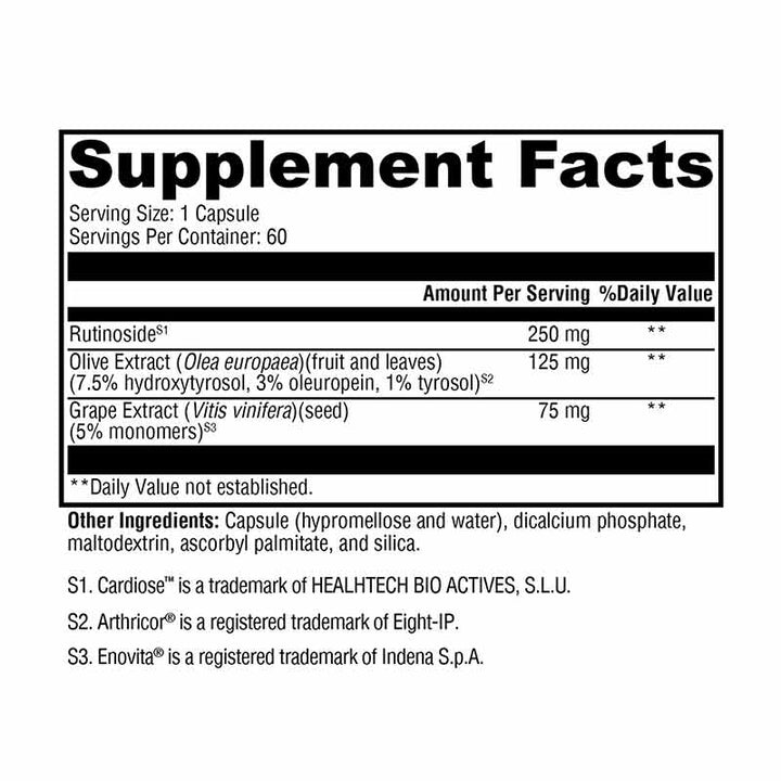 Xymogen VitalVasc - 60 Capsules facts panel