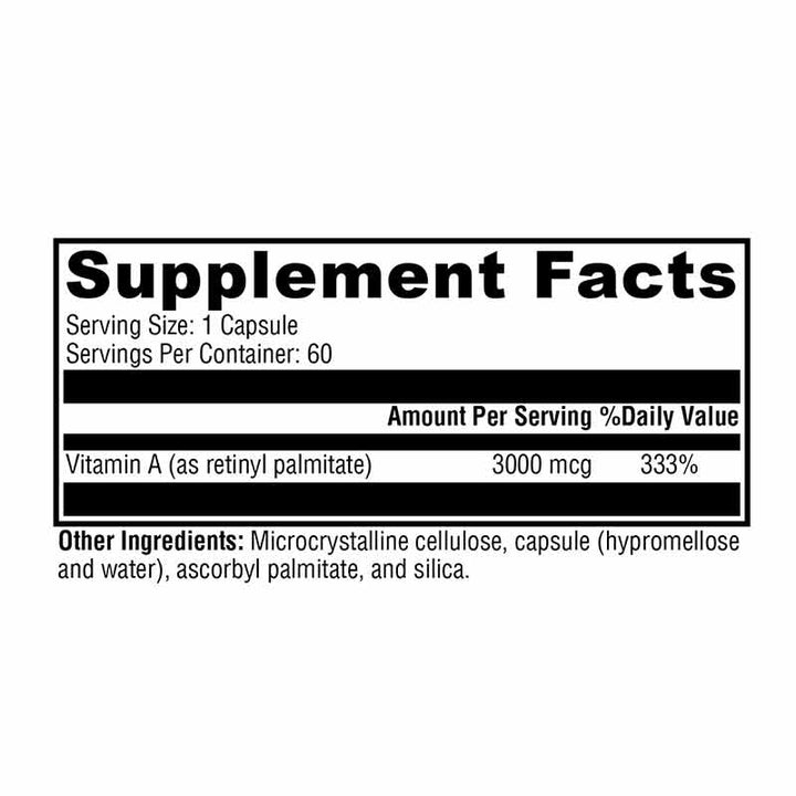 Xymogen Xcellent A 3000 mcg - 60 Capsules facts panel