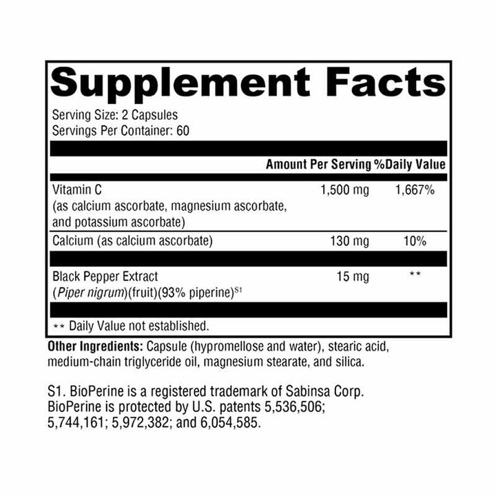 Xymogen Xcellent C - 120 Capsules facts panel