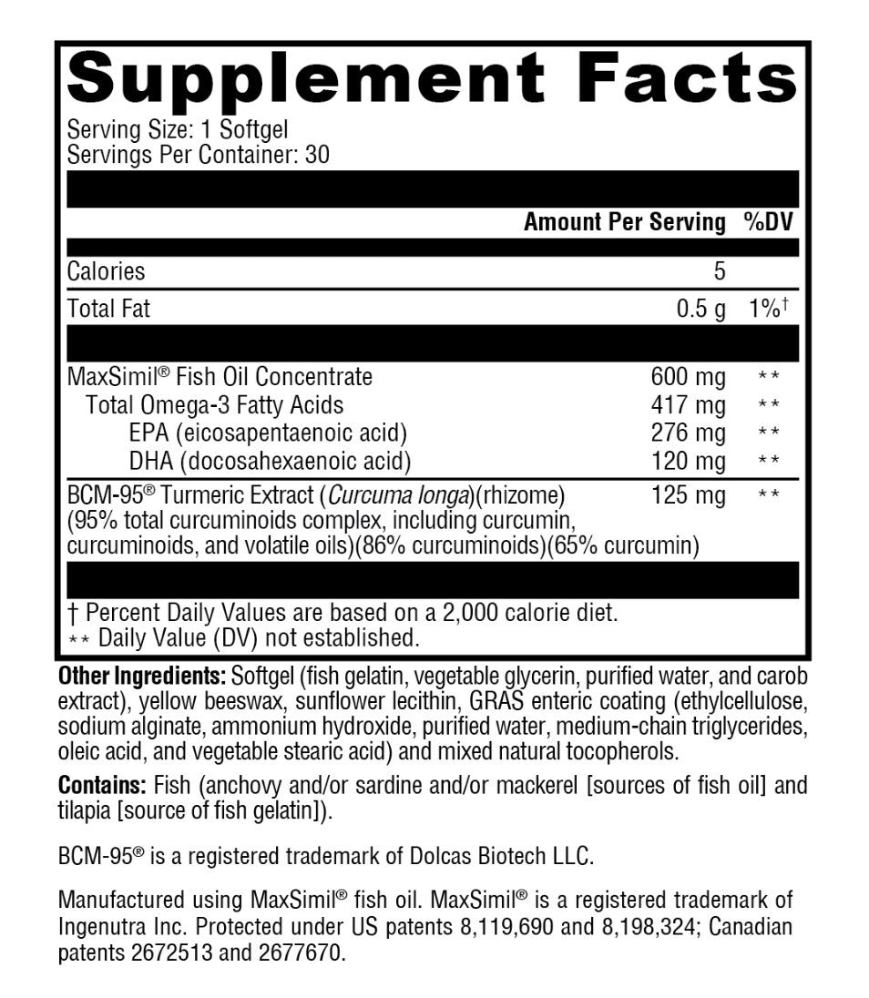 Xymogen Omega MonoPure Curcumin EC - 30 Softgels supplement facts panel